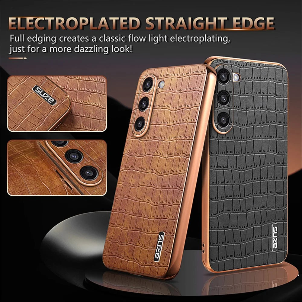 AZNS For Samsung Galaxy S23 Case Crocodile Texture PU+TPU Electroplating Phone Cover - Brown - 4
