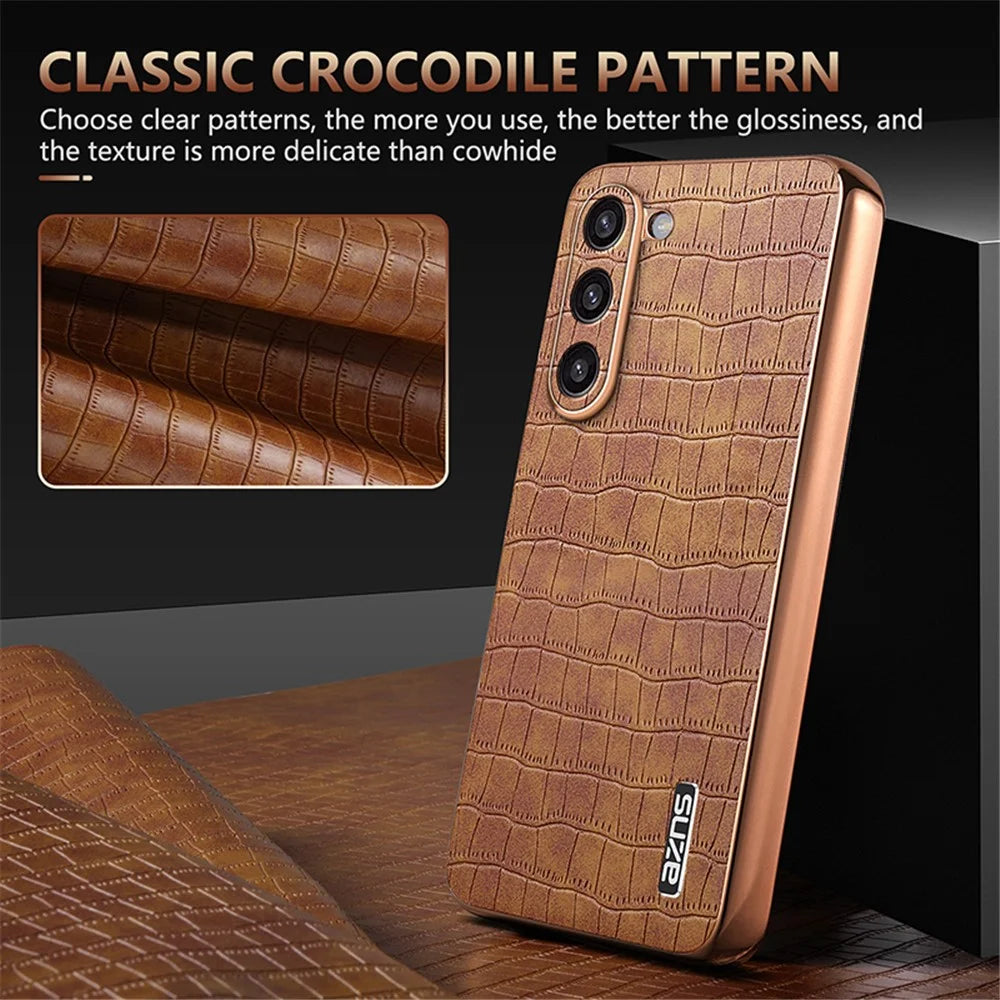 AZNS For Samsung Galaxy S23 Case Crocodile Texture PU+TPU Electroplating Phone Cover - Brown - 6
