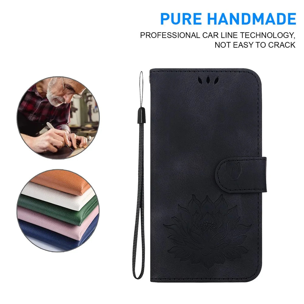 For Realme Note 60x 4G / C63 4G / C61 4G / Narzo N63 4G Stand Case Lotus Imprint Leather Wallet Phone Cover - Black - 4
