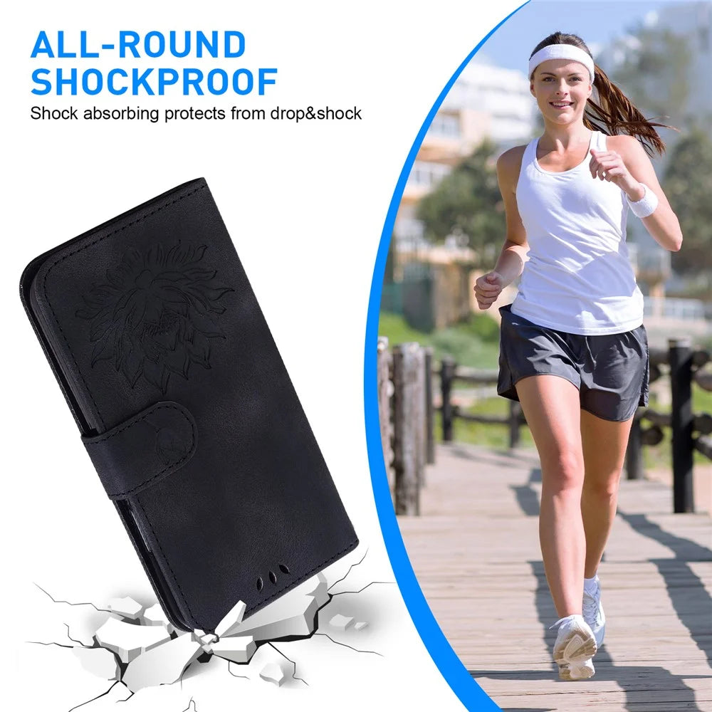 For Realme Note 60x 4G / C63 4G / C61 4G / Narzo N63 4G Stand Case Lotus Imprint Leather Wallet Phone Cover - Black - 6