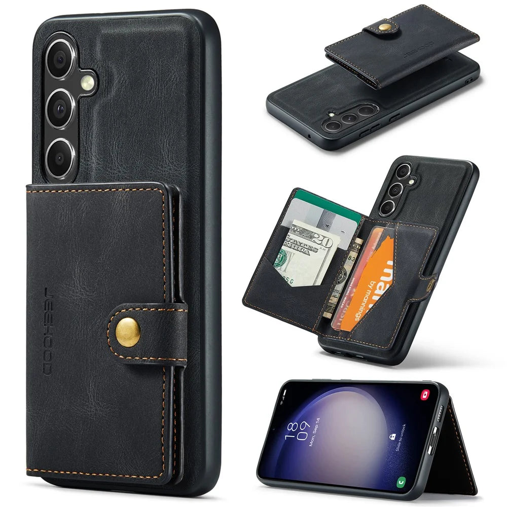 JEEHOOD J01 For Samsung Galaxy S23 FE Retro Phone Case with Detachable Magnetic Card Bag - Black - 1