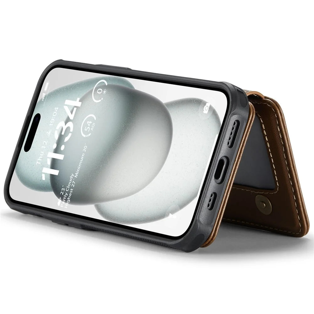 JEEHOOD J05 For iPhone 15 Plus Case Leather Mobile Cover with Detachable Magnetic Card Bag - Brown - 4