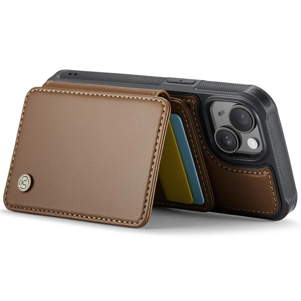 JEEHOOD J05 For iPhone 14 Plus Case Leather Mobile Cover with Detachable Magnetic Card Bag - Brown - 3