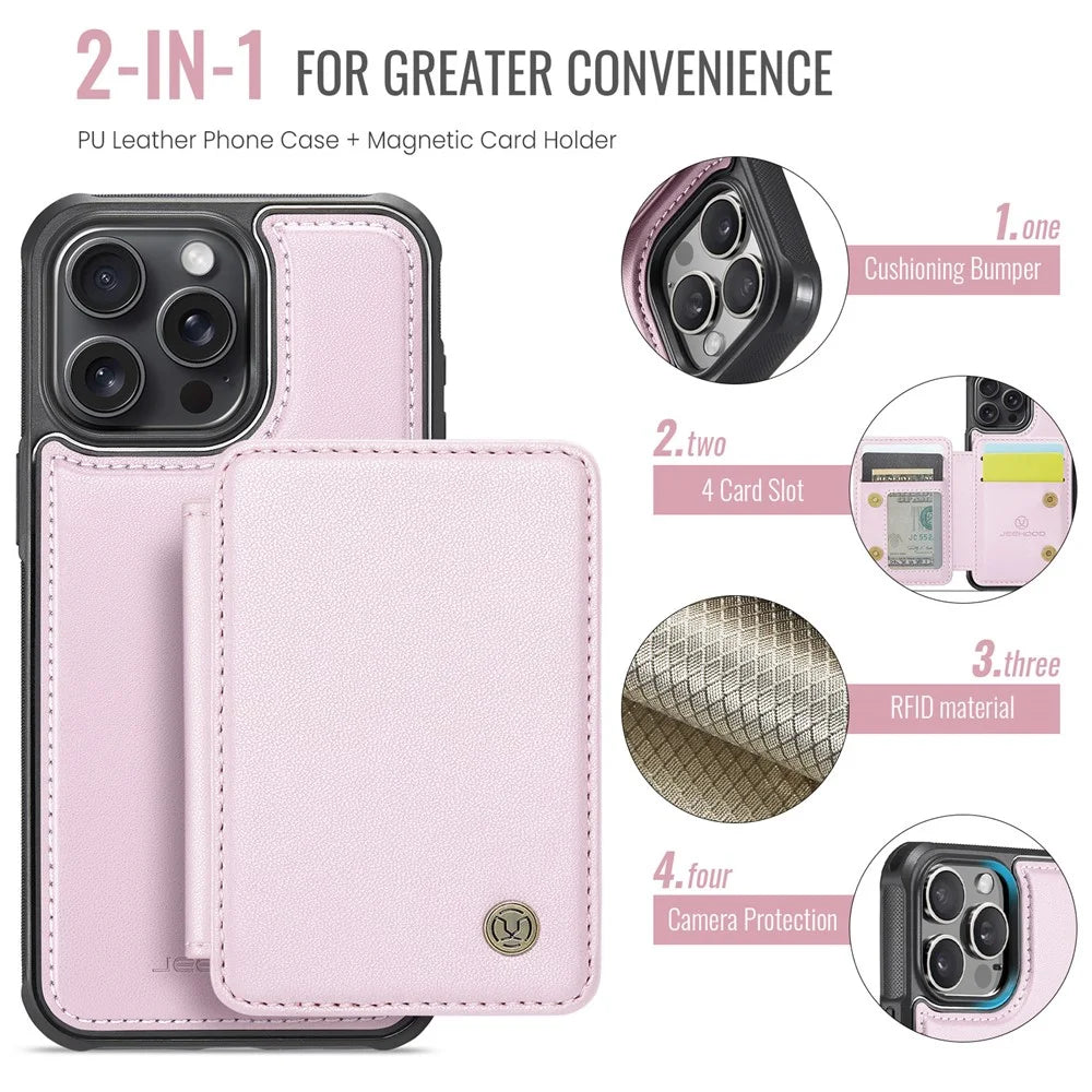 JEEHOOD J05 For iPhone 14 Pro Max Case Leather Mobile Cover with Detachable Magnetic Card Bag - Pink - 7