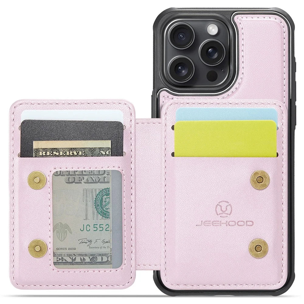 JEEHOOD J05 For iPhone 14 Pro Case Leather Mobile Cover with Detachable Magnetic Card Bag - Pink - 2