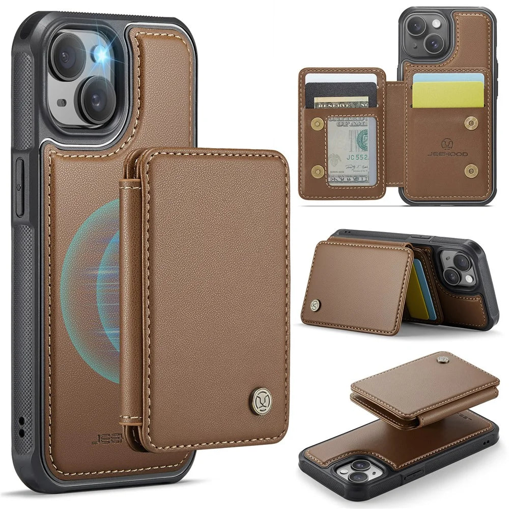 JEEHOOD J05 For iPhone 14 Case Leather Mobile Cover with Detachable Magnetic Card Bag - Brown - 1