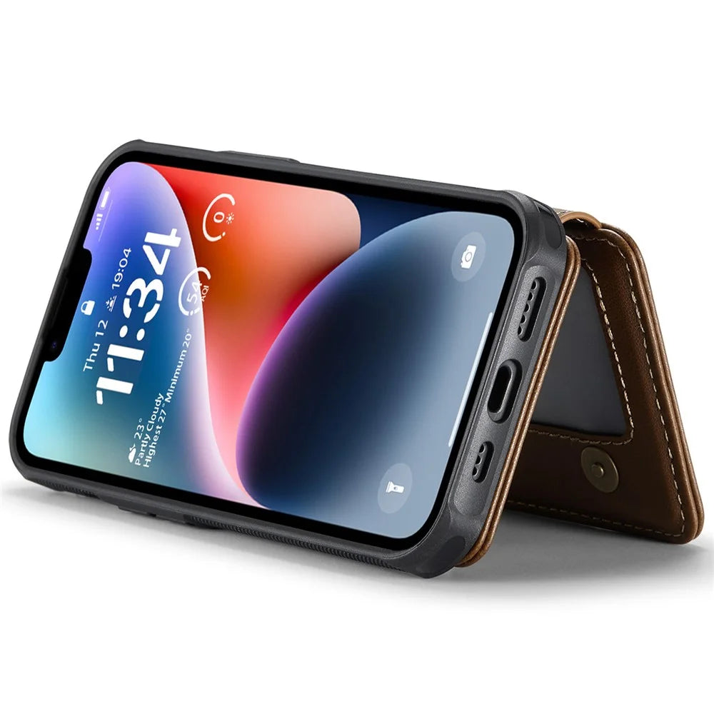 JEEHOOD J05 For iPhone 14 Case Leather Mobile Cover with Detachable Magnetic Card Bag - Brown - 4
