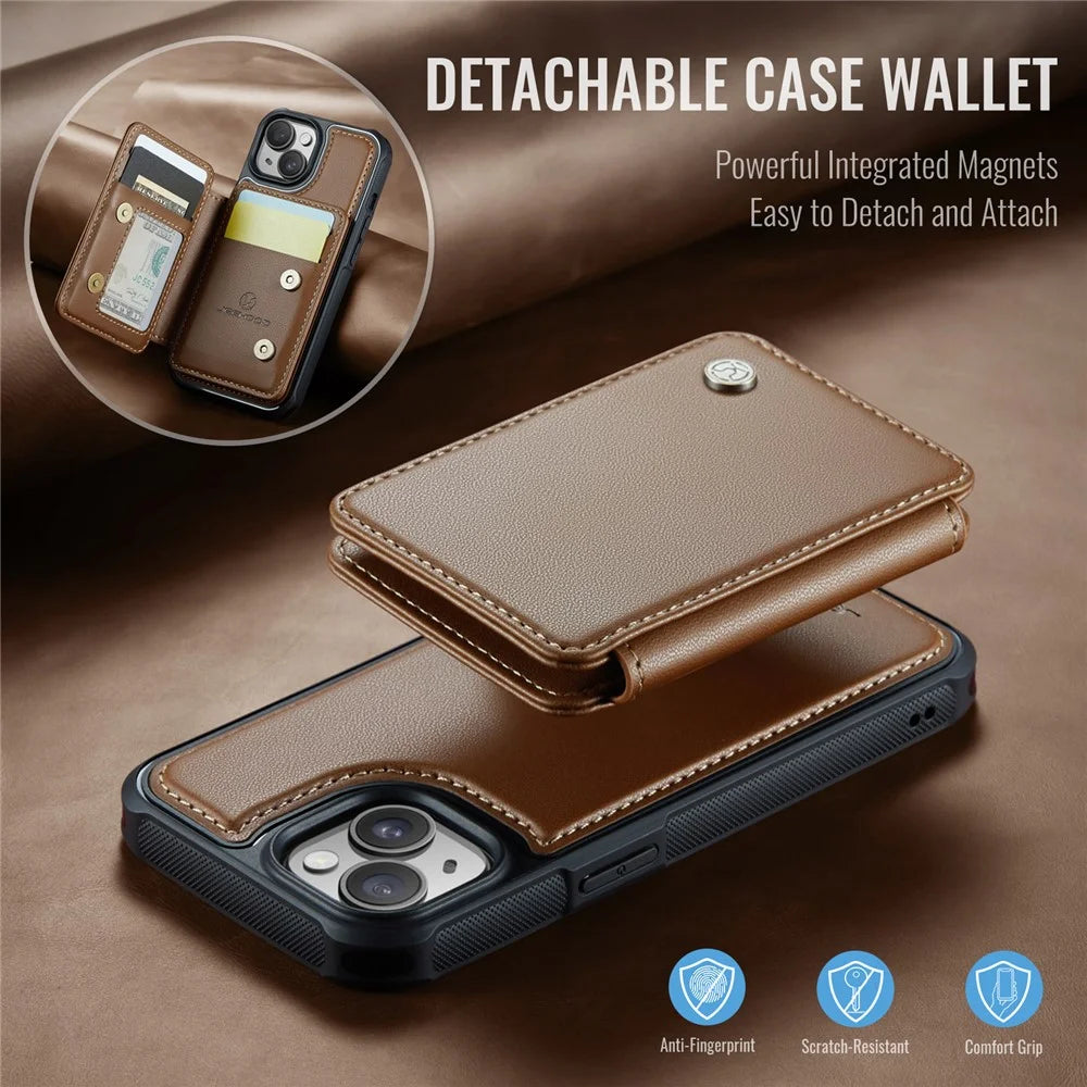 JEEHOOD J05 For iPhone 14 Case Leather Mobile Cover with Detachable Magnetic Card Bag - Brown - 6