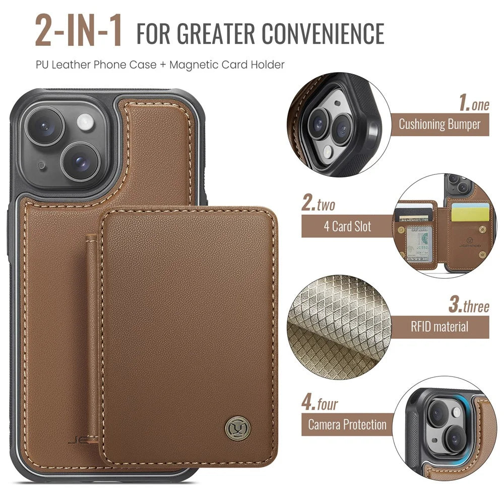 JEEHOOD J05 For iPhone 14 Case Leather Mobile Cover with Detachable Magnetic Card Bag - Brown - 7