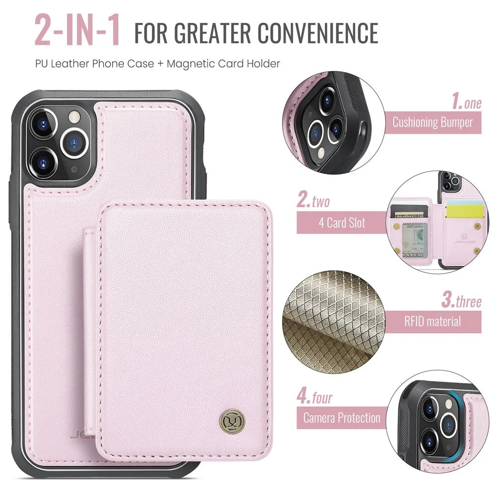 JEEHOOD J05 For iPhone 11 Pro Case Leather Mobile Cover with Detachable Magnetic Card Bag - Pink - 7