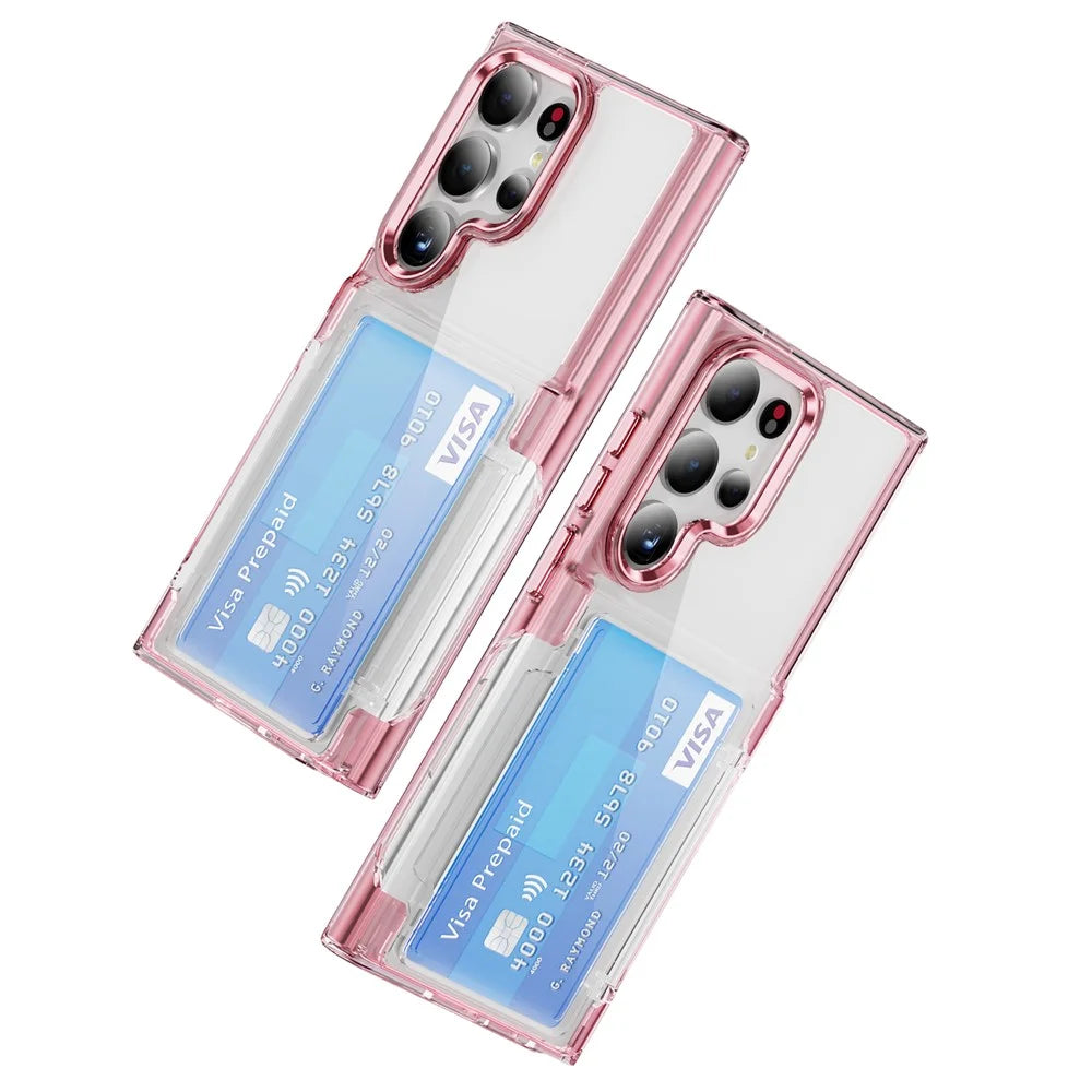 For Samsung Galaxy S24 Ultra Case Anti-Scratch TPU + Acrylic Phone Cover Card Holder - Transparent Pink - 1