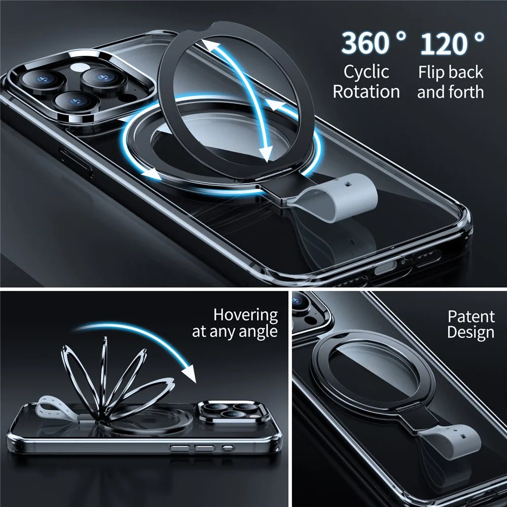 For iPhone 15 Pro Max Case Magnetic Kickstand Anti-Drop Clear PC Phone Cover - Transparent Black / Grey Rope - 3