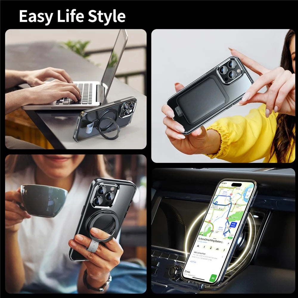 For iPhone 15 Pro Max Case Magnetic Kickstand Anti-Drop Clear PC Phone Cover - Transparent Black / Grey Rope - 6