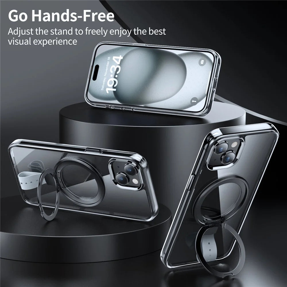 For iPhone 15 Plus Magnetic Case Clear PC Shockproof Phone Cover Grip Kickstand - Transparent Black / Grey Rope - 2