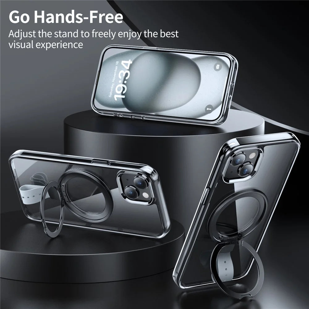 For iPhone 13 Case Magnetic Kickstand PC Drop Protection Phone Cover Clear Back - Transparent Black / Grey Rope - 2