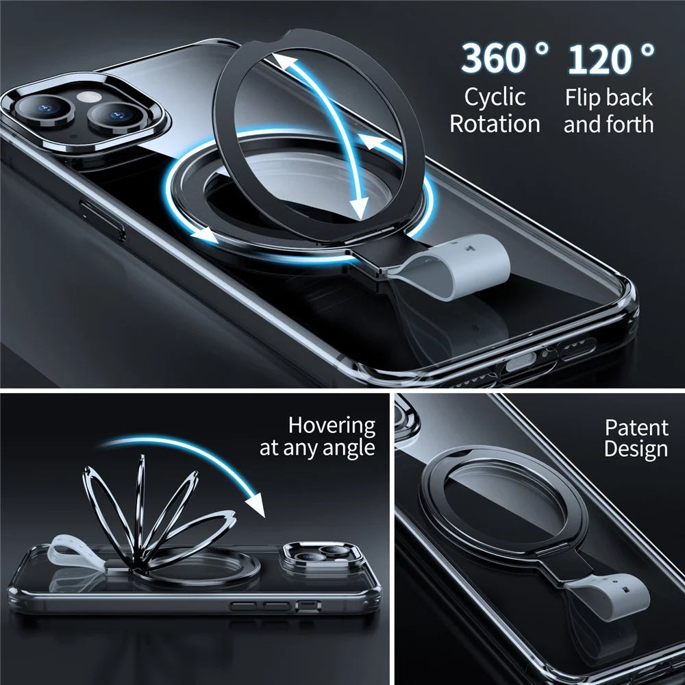 For iPhone 13 Case Magnetic Kickstand PC Drop Protection Phone Cover Clear Back - Transparent Black / Grey Rope - 3