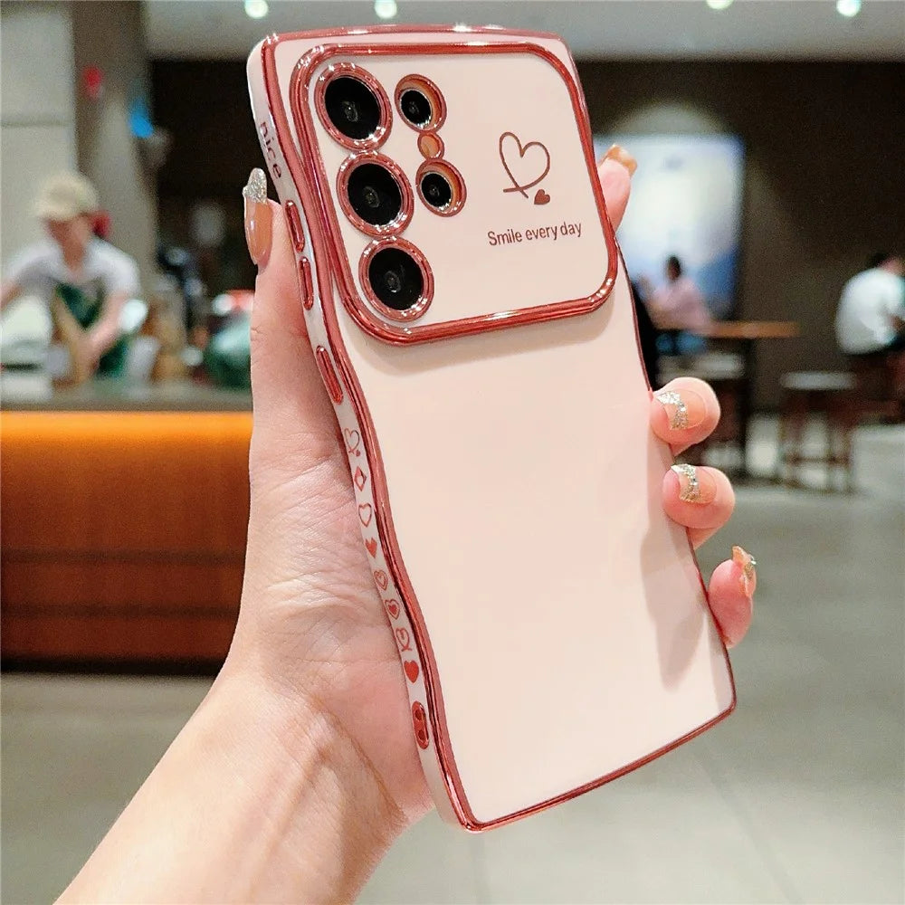 For Samsung Galaxy S22 Ultra 5G Case Wave Frame with Love Heart Raised Camera Protection TPU Cover - Rose Pink - 2