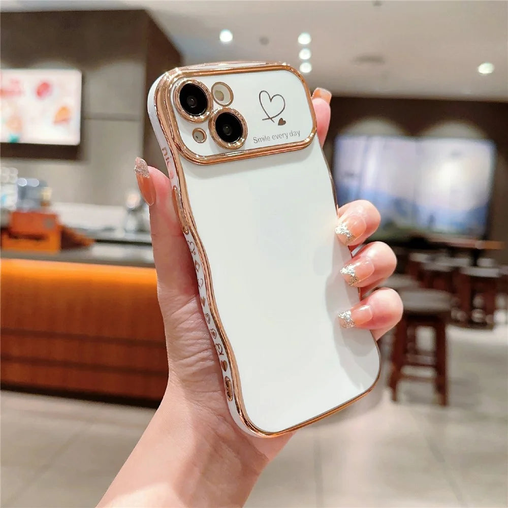 For iPhone 14 Plus Case Wave Frame with Love Heart Raised Camera Protection TPU Cover - Ivory White - 2