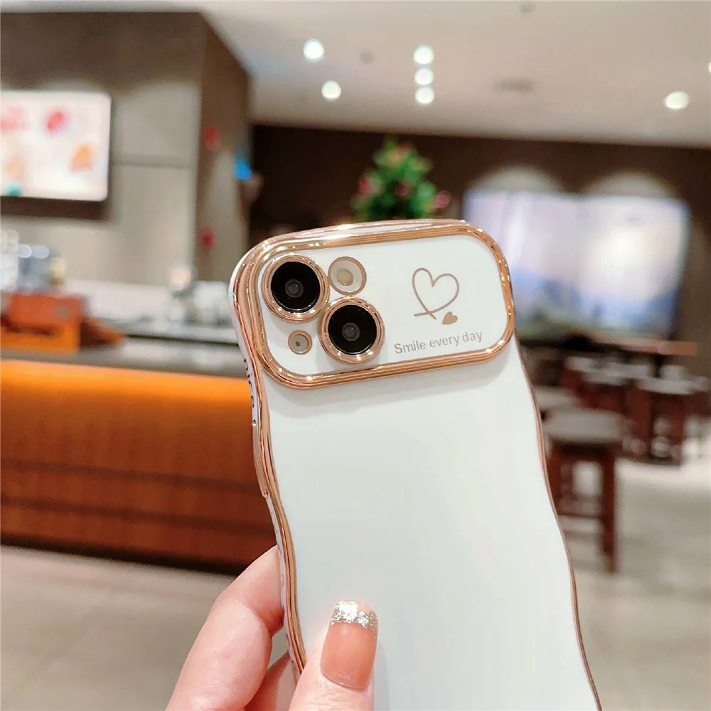 For iPhone 15 Case Wave Frame with Love Heart Raised Camera Protection TPU Cover - Ivory White - 3