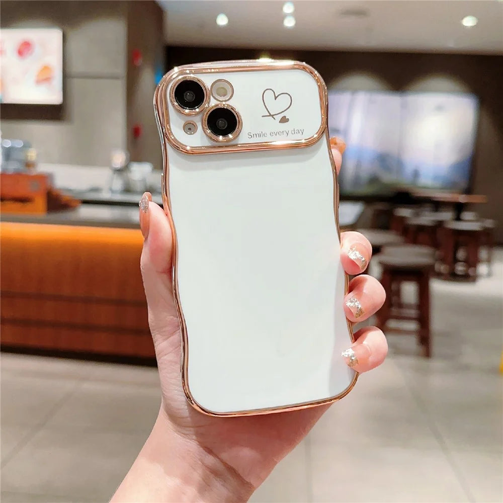 For iPhone 14 Case Wave Frame with Love Heart Raised Camera Protection TPU Cover - Ivory White - 1