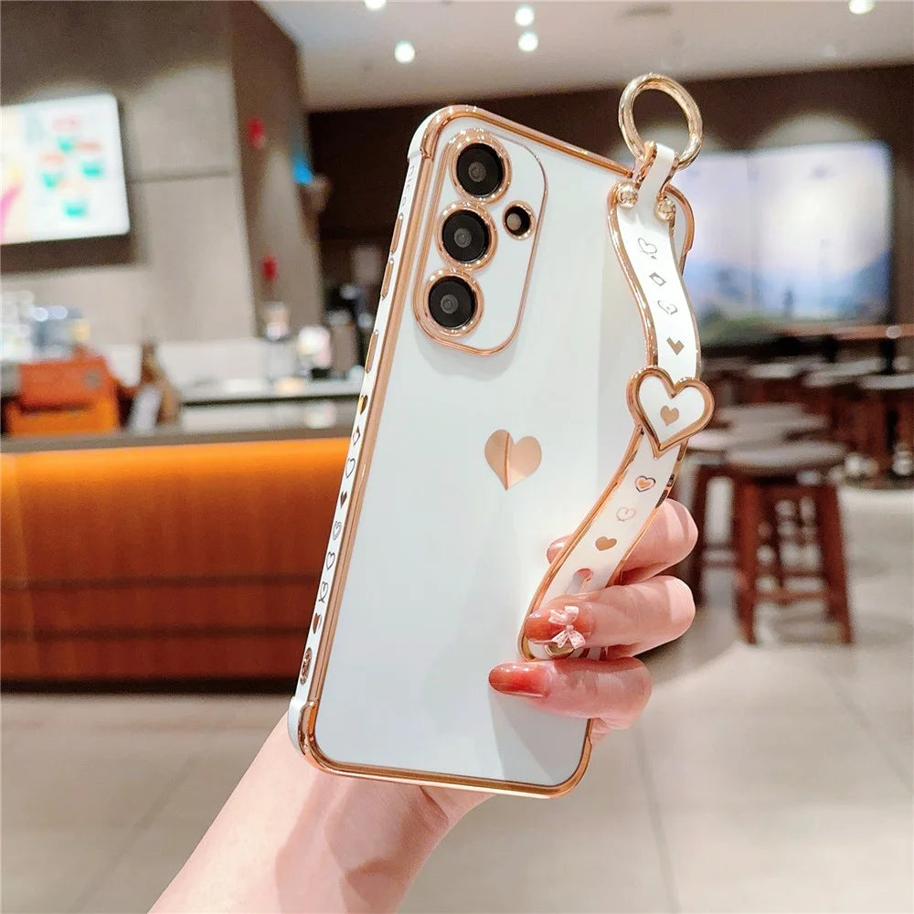 For Samsung Galaxy A54 5G Case Electroplating Love Heart TPU Phone Cover Wristband Ring Holder - Ivory White - 2