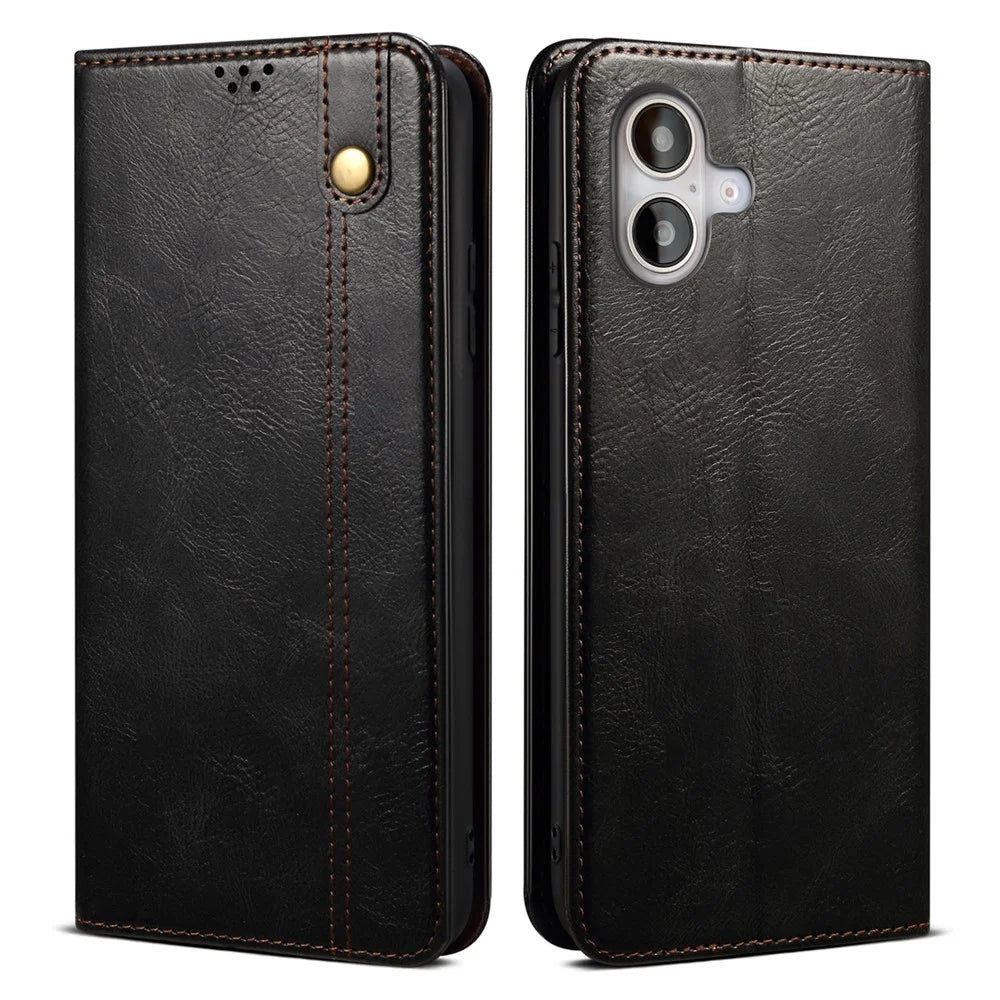 For iPhone 16 Plus Case Crazy Horse Texture Waxy Leather Wallet Stand Cover - Black - 1