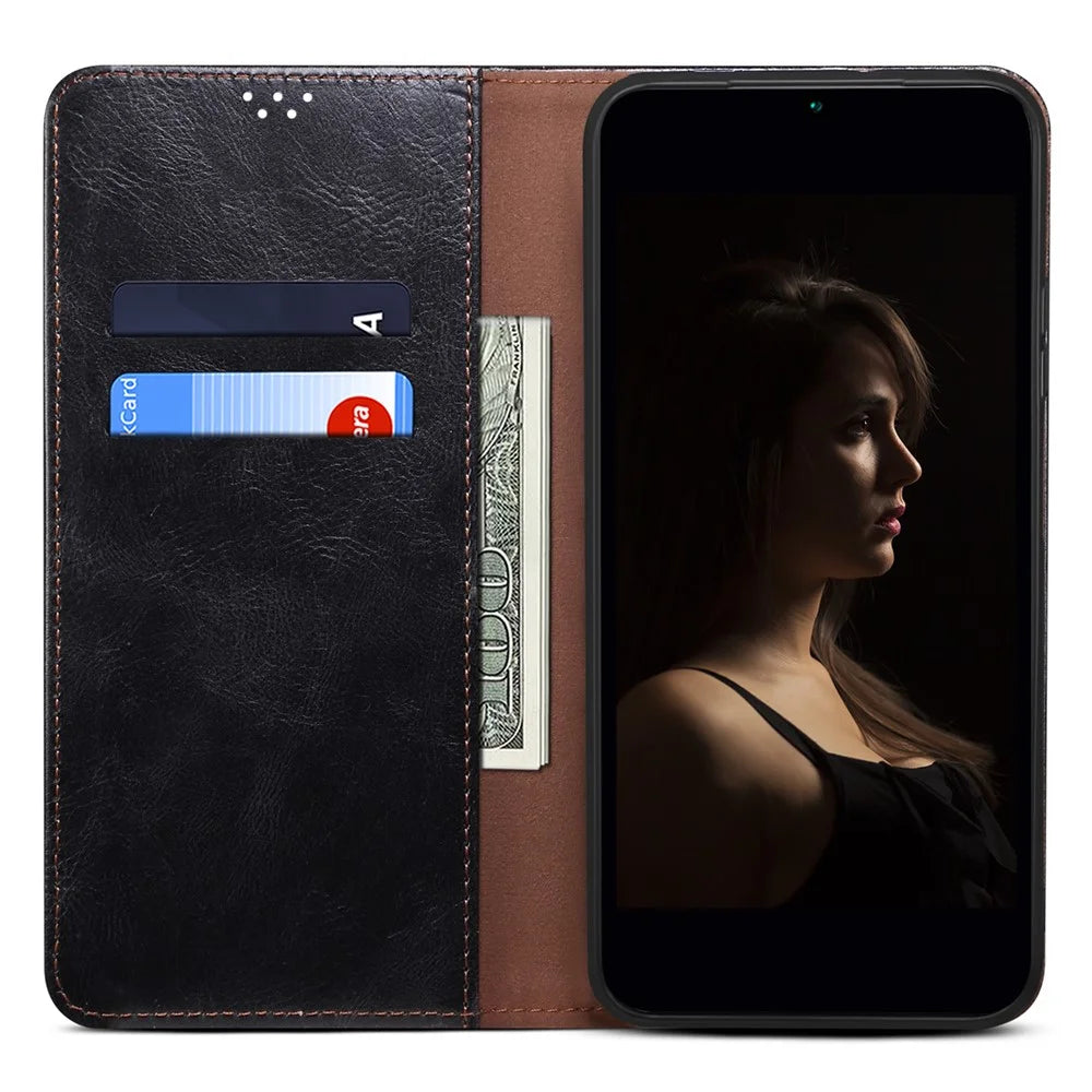 For iPhone 16 Plus Case Crazy Horse Texture Waxy Leather Wallet Stand Cover - Black - 2