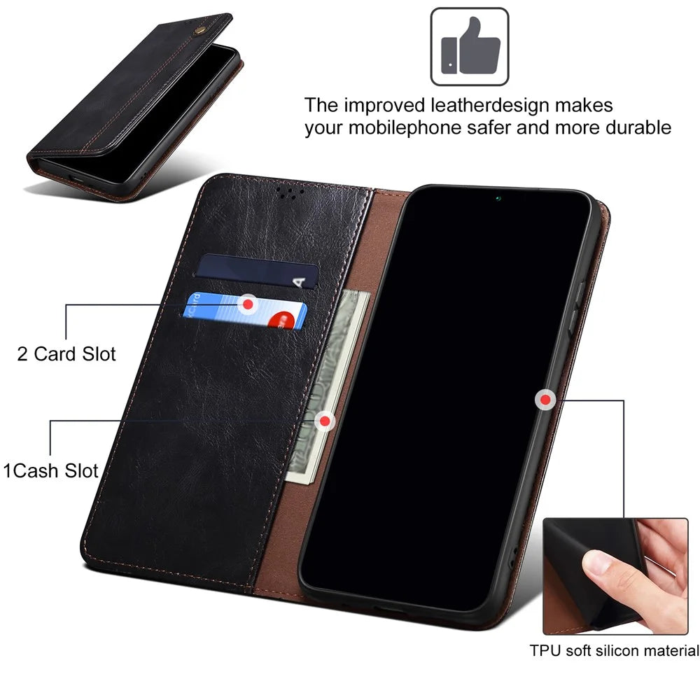 For iPhone 16 Plus Case Crazy Horse Texture Waxy Leather Wallet Stand Cover - Black - 5