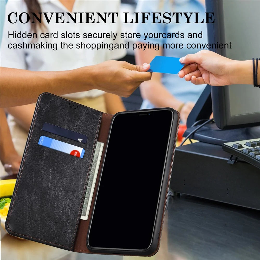 For iPhone 16 Plus Case Crazy Horse Texture Waxy Leather Wallet Stand Cover - Black - 6