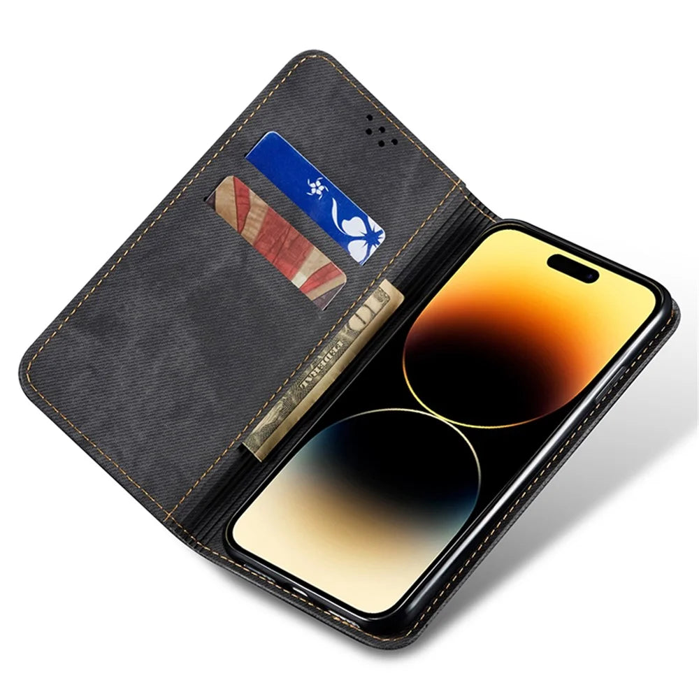 For iPhone 16 Case Jeans Cloth Texture Anti-Scratch Leather Stand Phone Cover - Black - 2