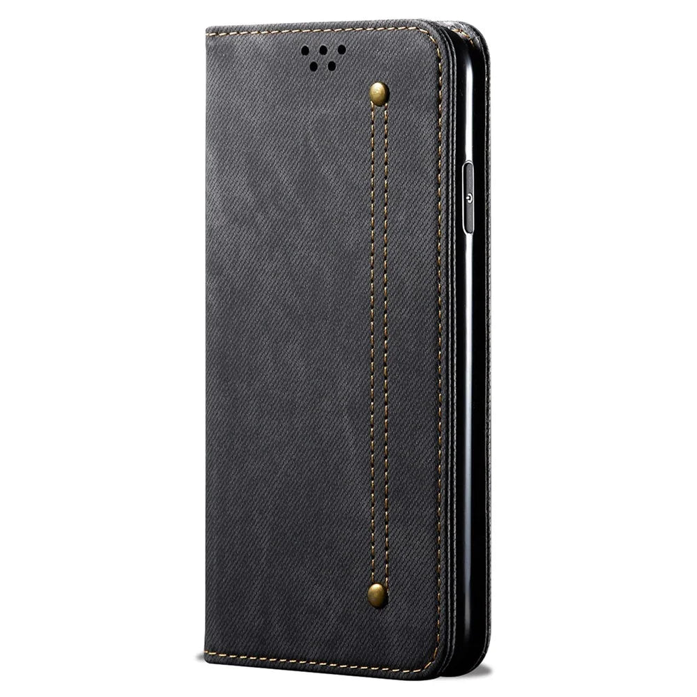 For iPhone 16 Case Jeans Cloth Texture Anti-Scratch Leather Stand Phone Cover - Black - 5