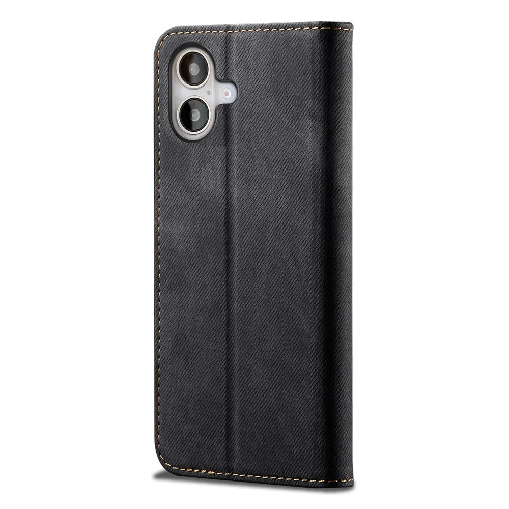 For iPhone 16 Case Jeans Cloth Texture Anti-Scratch Leather Stand Phone Cover - Black - 6