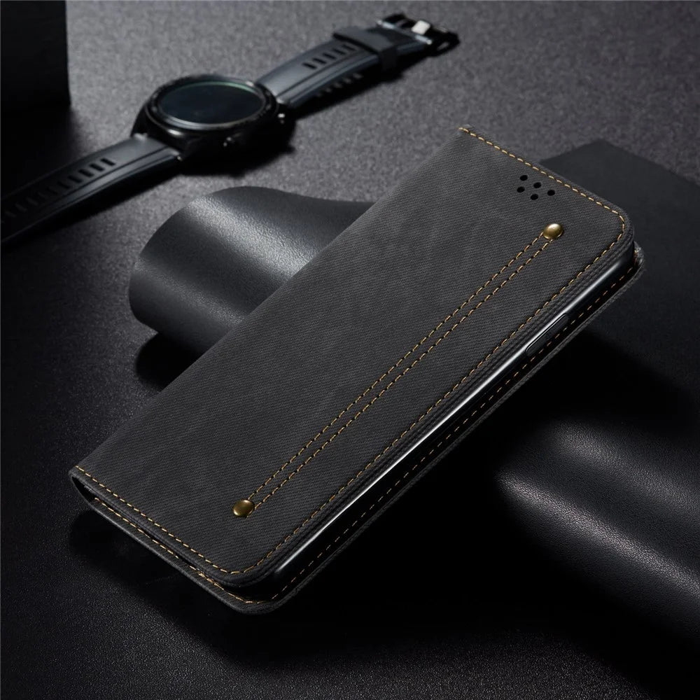 For iPhone 16 Case Jeans Cloth Texture Anti-Scratch Leather Stand Phone Cover - Black - 7