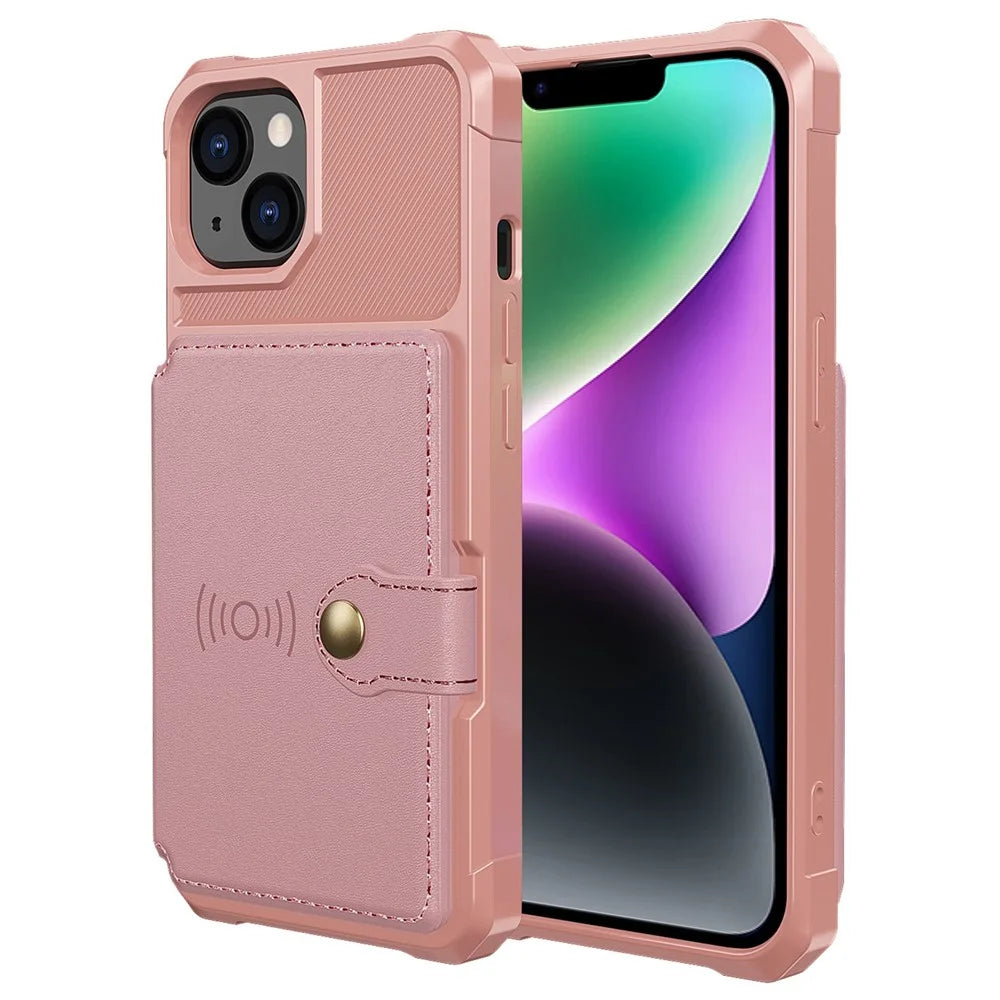 ZM03 for iPhone 14 Anti-drop Phone Case Kickstand Card Holder Anti-scratch Protective Phone Back Cover with Magnetic Metal Sheet - Pink - 2