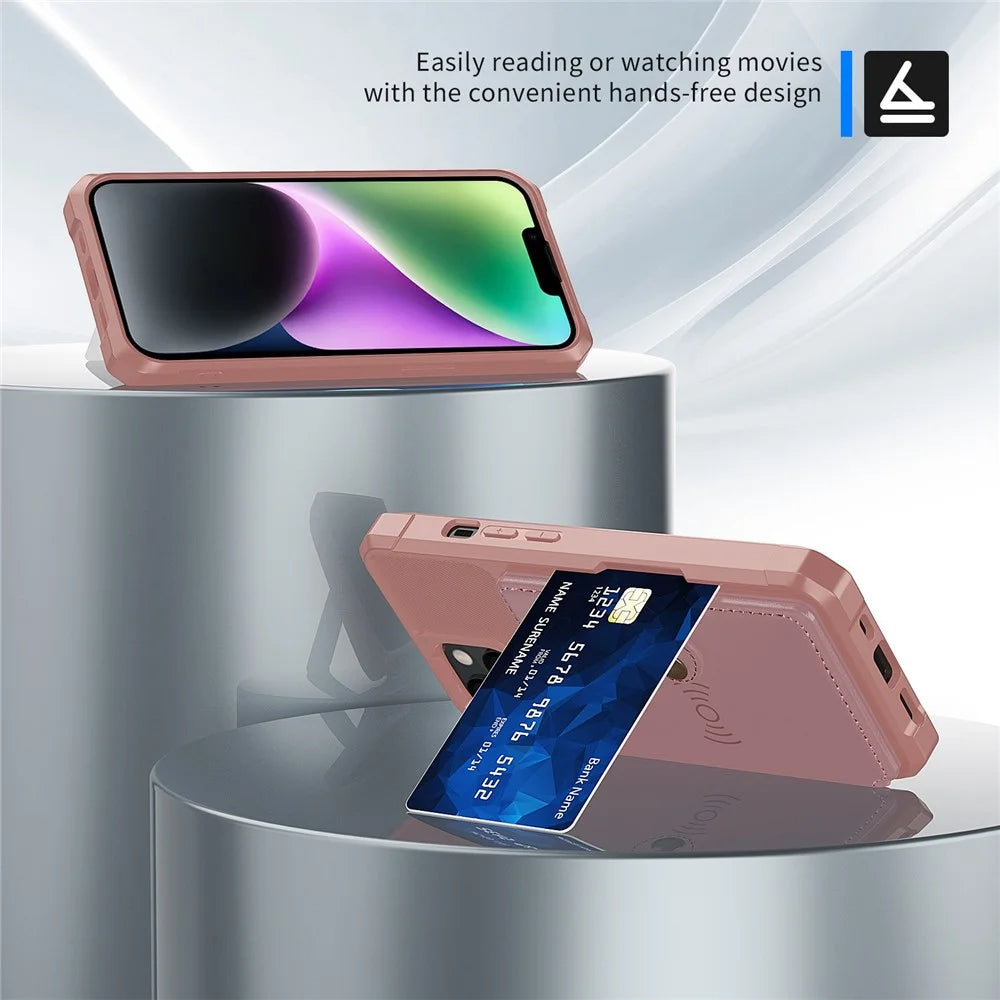 ZM03 for iPhone 14 Anti-drop Phone Case Kickstand Card Holder Anti-scratch Protective Phone Back Cover with Magnetic Metal Sheet - Pink - 3