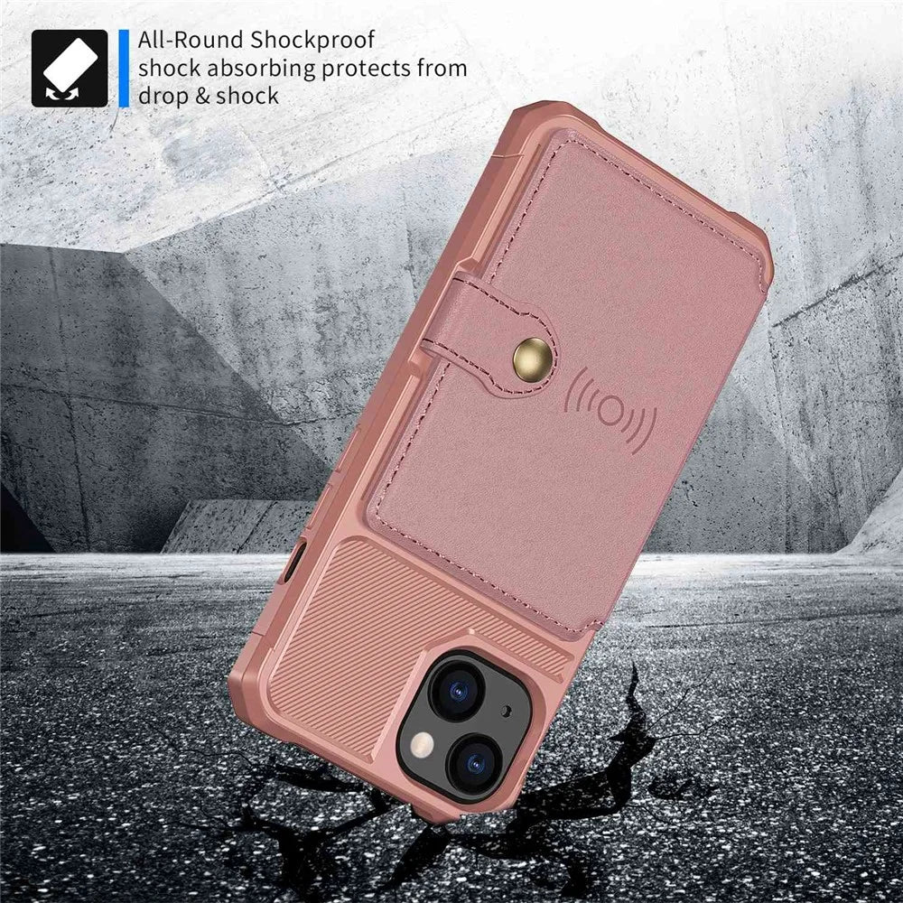 ZM03 for iPhone 14 Anti-drop Phone Case Kickstand Card Holder Anti-scratch Protective Phone Back Cover with Magnetic Metal Sheet - Pink - 4