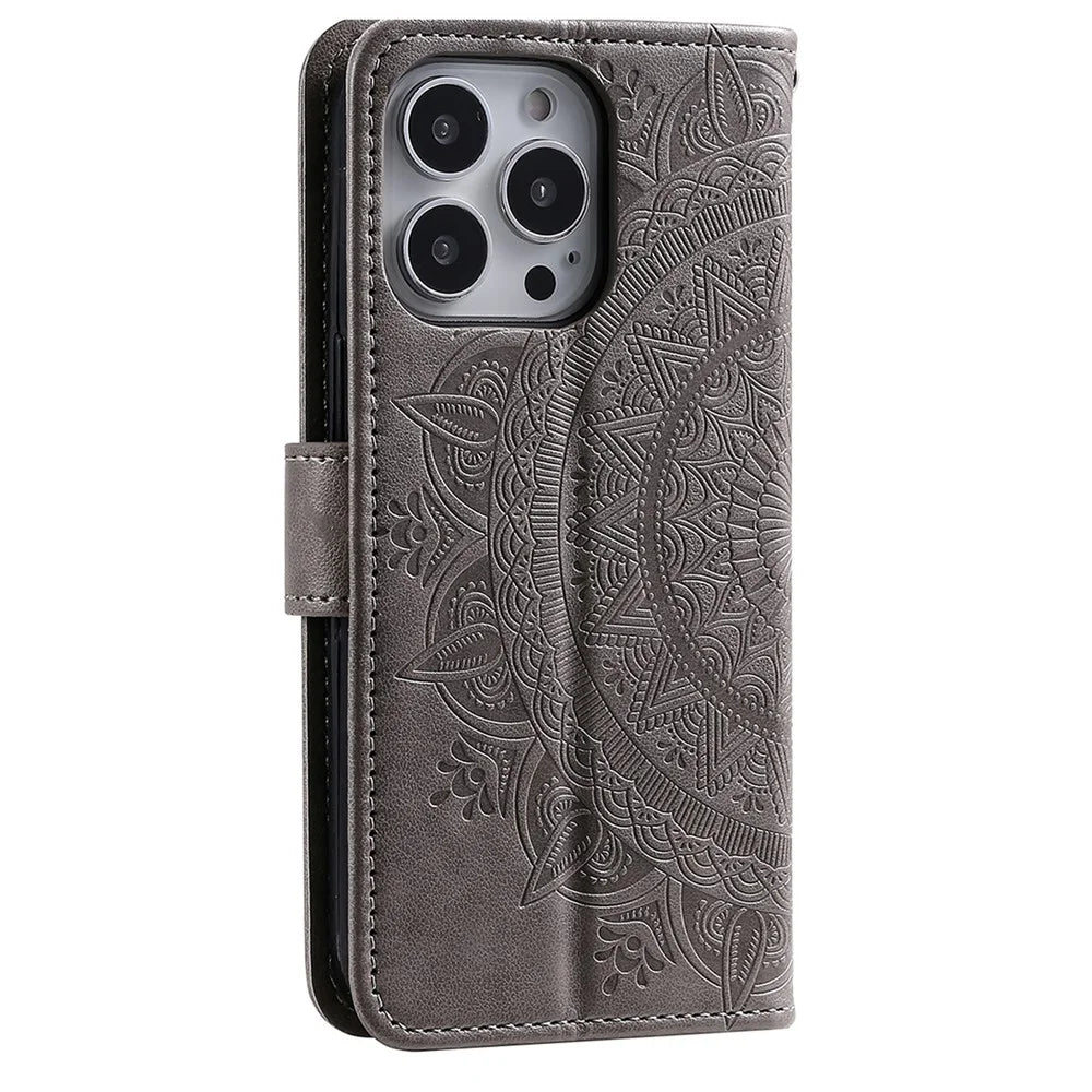 For iPhone 16 Pro Max Stand Case Imprinted Totem PU Leather Wallet Phone Cover - Grey - 6