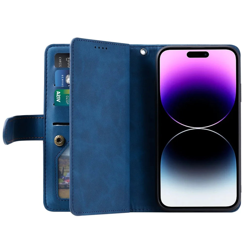 For iPhone 16 Pro Case PU Leather Phone Cover with Zipper Pocket 9 Card Slots - Blue - 2