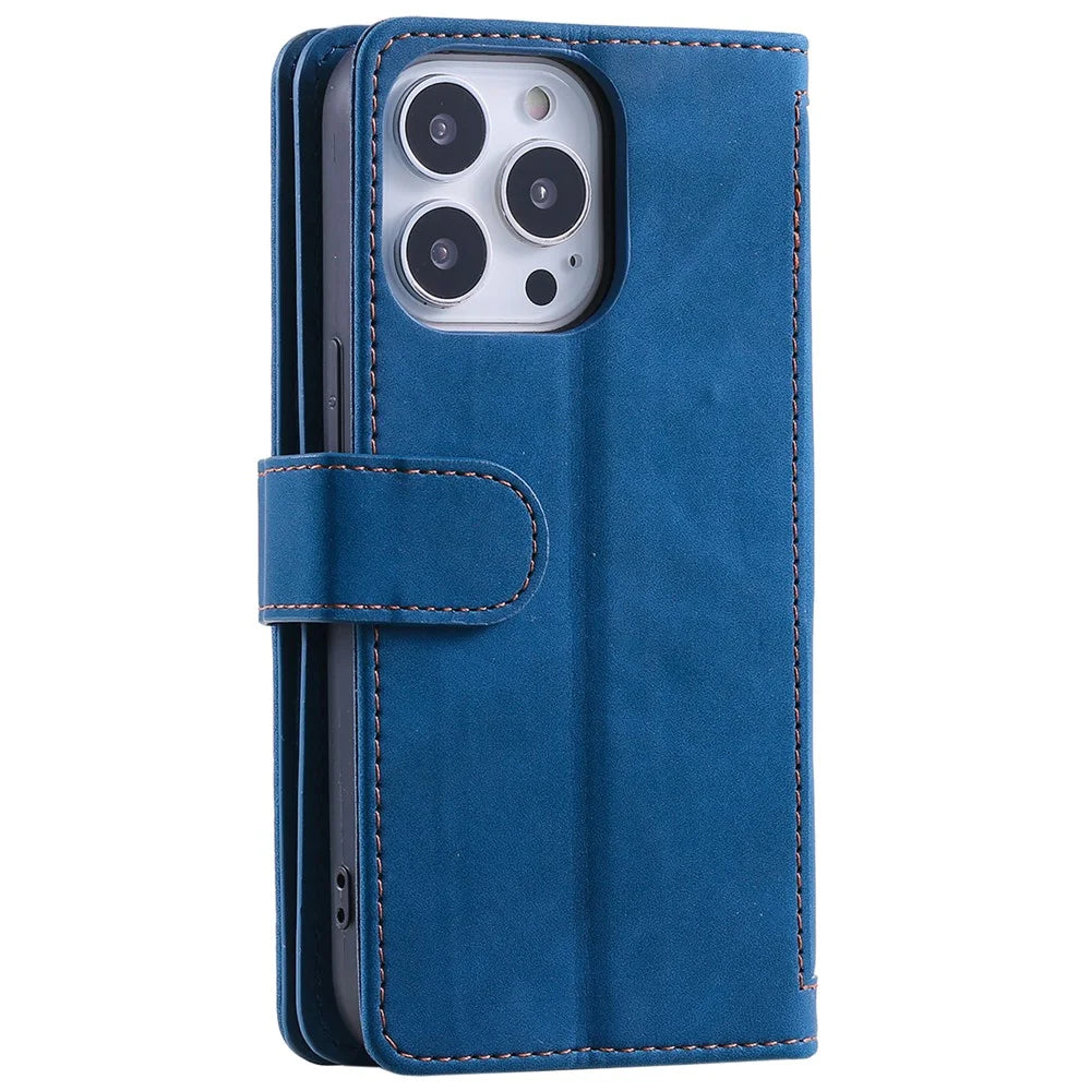 For iPhone 16 Pro Case PU Leather Phone Cover with Zipper Pocket 9 Card Slots - Blue - 7