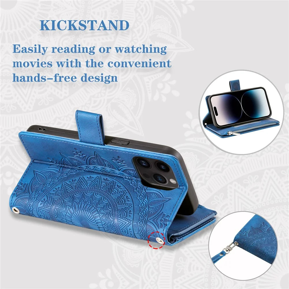 006 For iPhone 16 Pro Max Case PU Leather Zipper Phone Cover Mandala Flower Pattern - Blue - 6