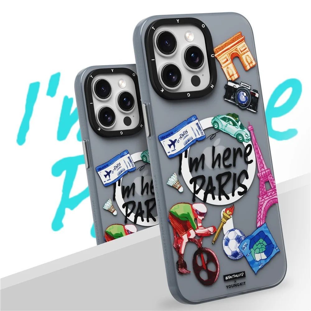 YOUNGKIT I'm Here Paris Series For iPhone 15 Pro Magnetic Case IMD Pattern PC+TPU Phone Cover - 2