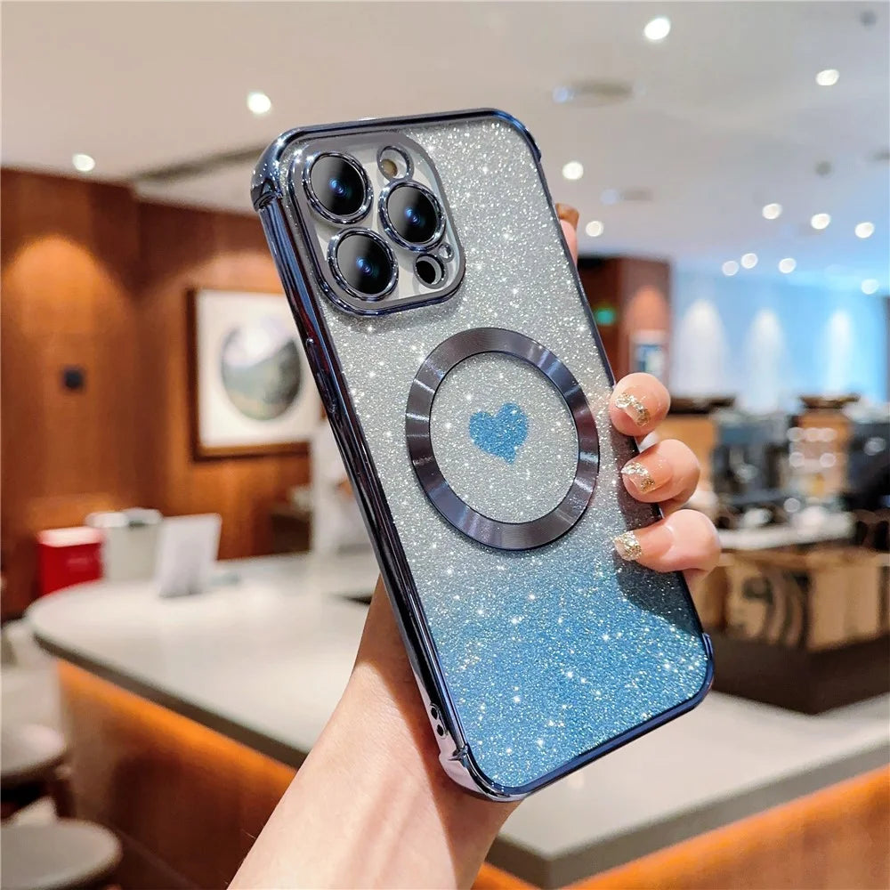 For iPhone 14 Pro Glitter Case Compatible with MagSafe TPU Phone Cover Love Heart Electroplating - Blue - 2