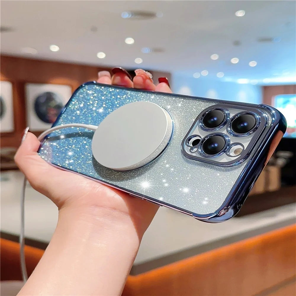 For iPhone 14 Pro Glitter Case Compatible with MagSafe TPU Phone Cover Love Heart Electroplating - Blue - 4