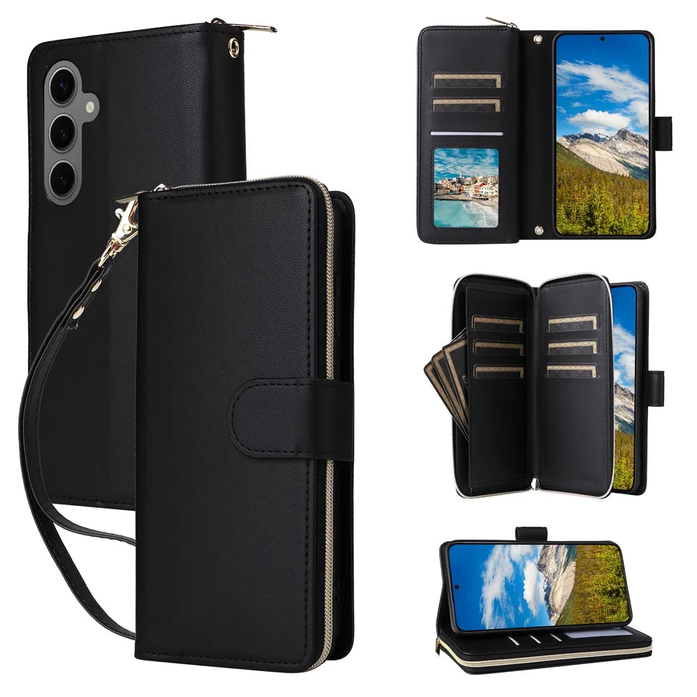 R20 For Samsung Galaxy S24+ Case Zipper Wallet PU Leather Stand Phone Cover - Black - 1