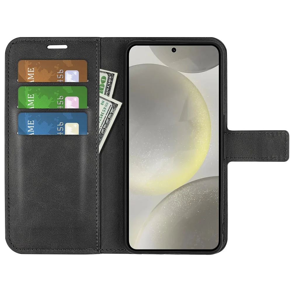 For Samsung Galaxy S24 FE Stand Case Calf Texture Anti-Scratch Leather Phone Cover - Black - 2