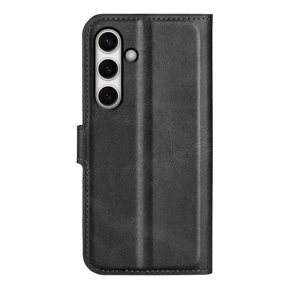 For Samsung Galaxy S24 FE Stand Case Calf Texture Anti-Scratch Leather Phone Cover - Black - 7