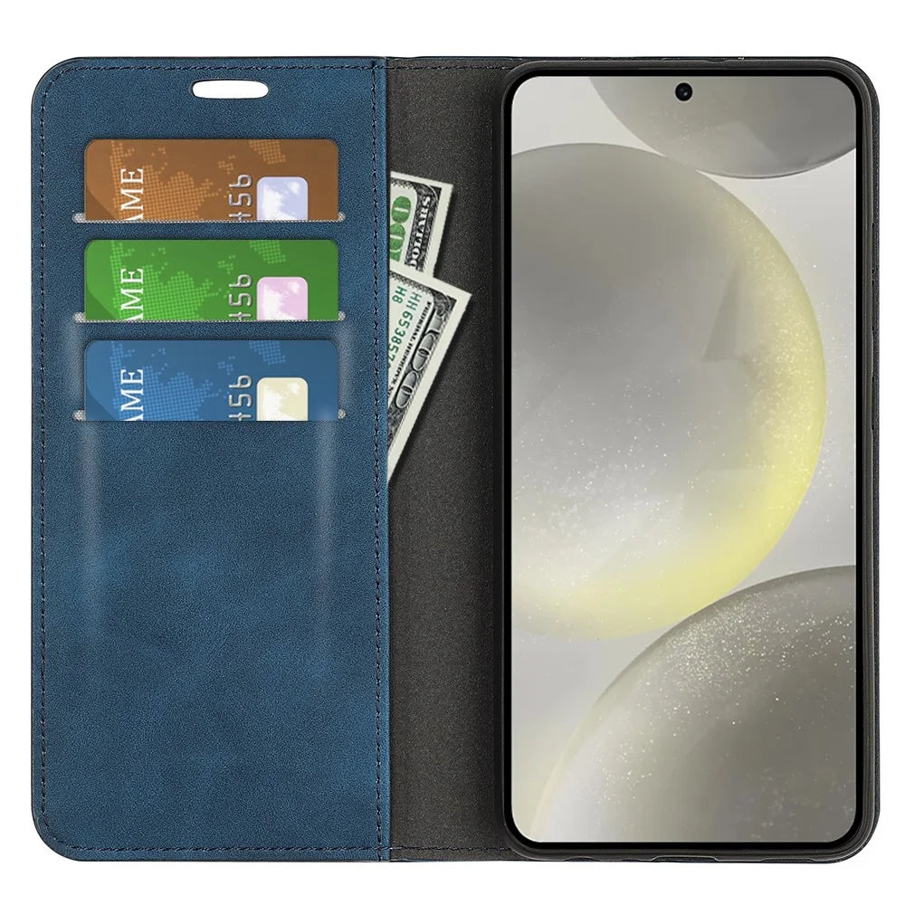 For Samsung Galaxy S24 FE Case Skin-Touch Drop-Proof Leather Wallet Phone Cover - Blue - 2
