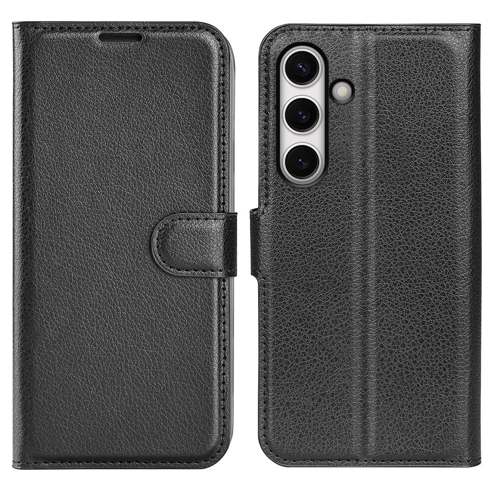 For Samsung Galaxy S24 FE Wallet Phone Case Litchi Texture Anti-Drop Leather Folio Flip Cover - Black - 1