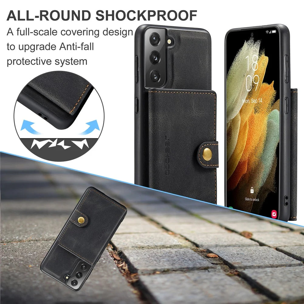 JEEHOOD J01 For Samsung Galaxy S21 FE 5G Case Leather + TPU Phone Cover Detachable Card Holder - Black - 6