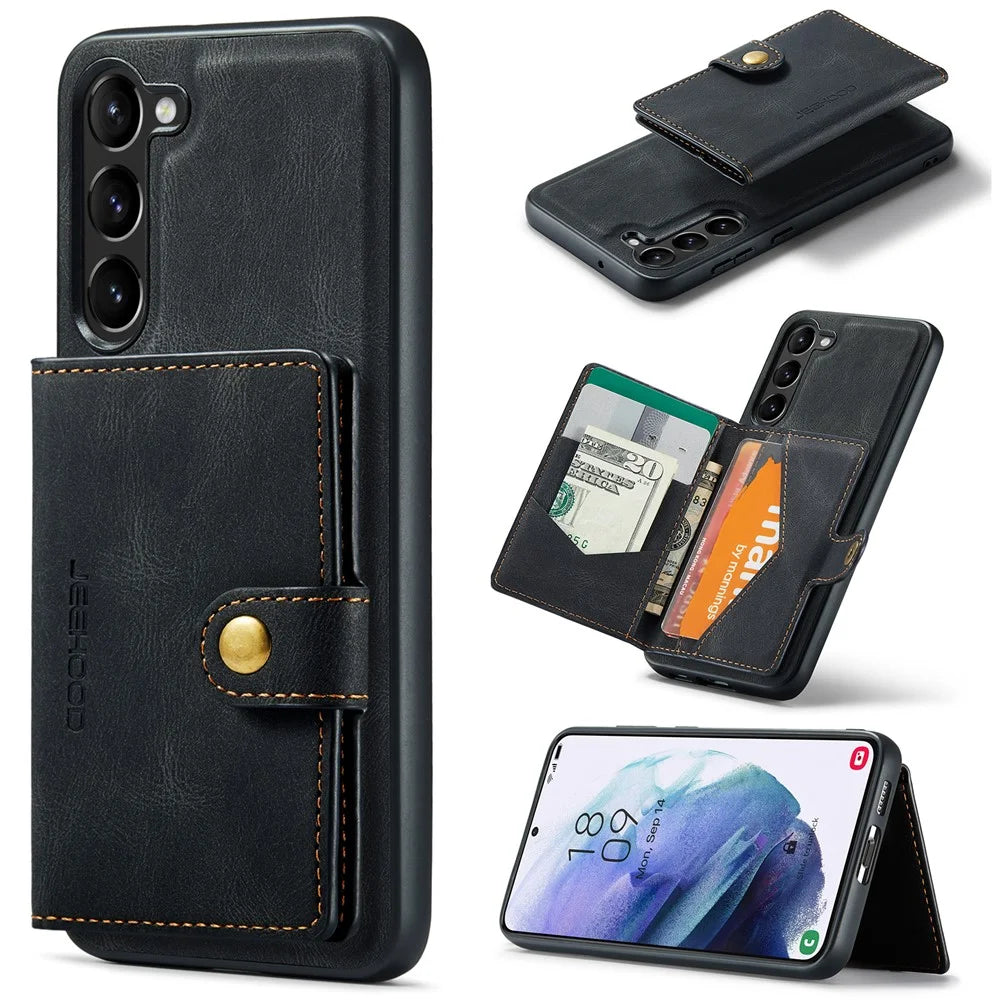 JEEHOOD J01 For Samsung Galaxy S23 Case Leather Back Cover with Detachable Card Holder Pocket - Black - 1